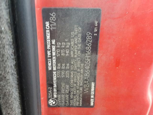 WBAAB6405H1686289 - 1987 BMW 325 E AUTO RED photo 10