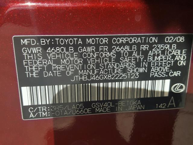 JTHBJ46GX82225123 - 2008 LEXUS ES 350 RED photo 10