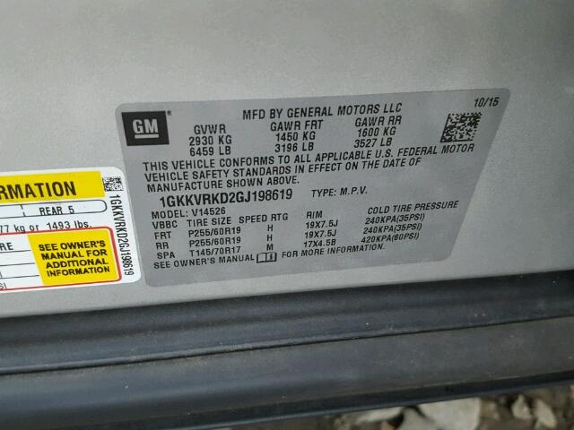 1GKKVRKD2GJ198619 - 2016 GMC ACADIA SLT ვერცხლისფერი ფოტო 10