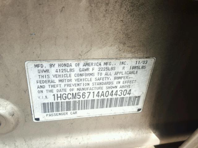 1HGCM56714A044304 - 2004 HONDA ACCORD EX GOLD photo 10