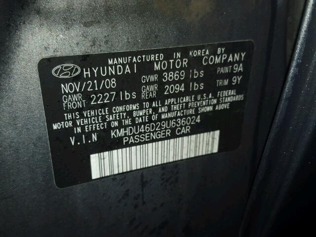 KMHDU46D29U636024 - 2009 HYUNDAI ELANTRA GL GRAY photo 10