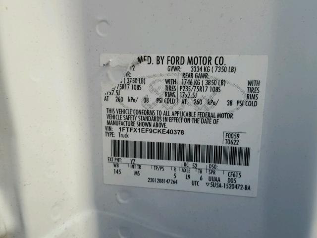 1FTFX1EF9CKE40378 - 2012 FORD F150 SUPER WHITE photo 10