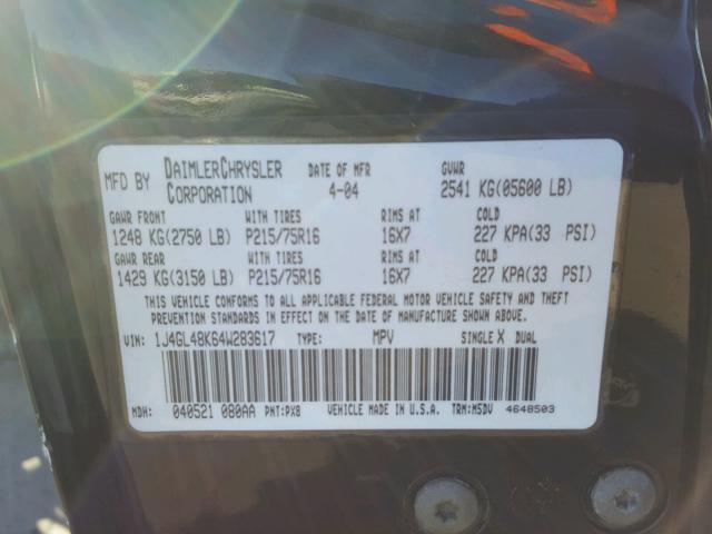 1J4GL48K64W283617 - 2004 JEEP LIBERTY SP BLACK photo 10