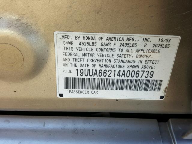 19UUA66214A006739 - 2004 ACURA TL GOLD photo 10