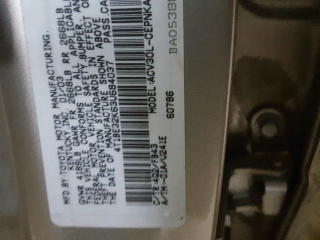 4T1BE32K63U684037 - 2003 TOYOTA CAMRY LE GOLD photo 10