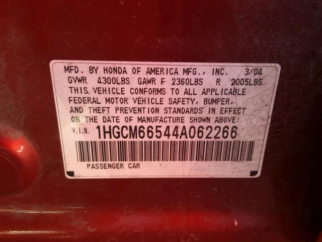 1HGCM66544A062266 - 2004 HONDA ACCORD EX RED photo 10