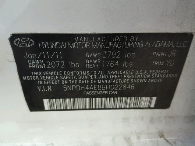 5NPDH4AE8BH022846 - 2011 HYUNDAI ELANTRA GL WHITE photo 10