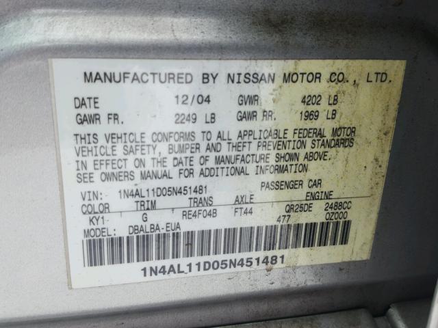 1N4AL11D05N451481 - 2005 NISSAN ALTIMA S SILVER photo 10