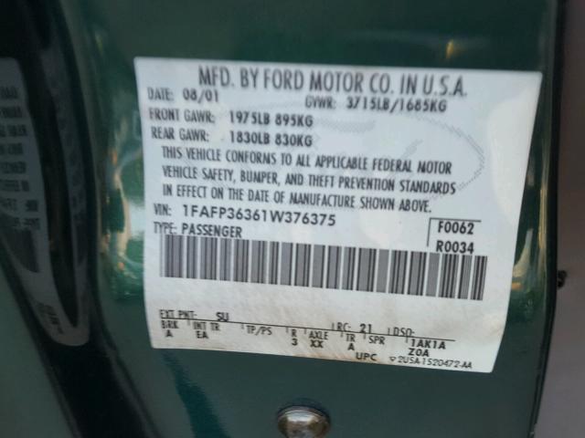 1FAFP36361W376375 - 2001 FORD FOCUS SE GREEN photo 10