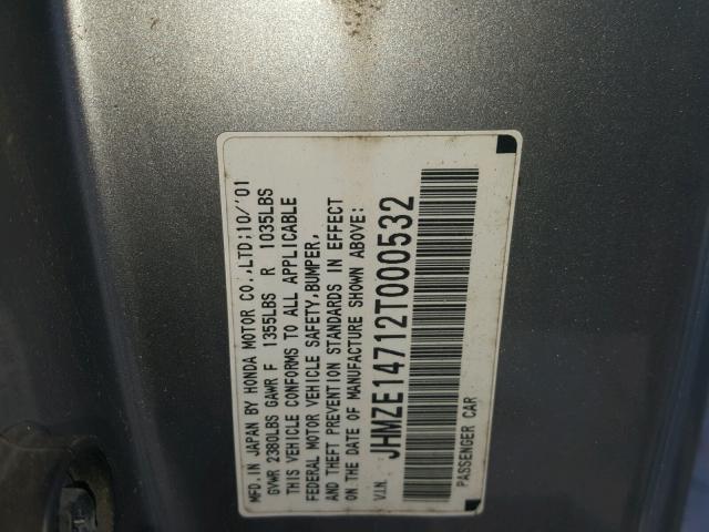 JHMZE14712T000532 - 2002 HONDA INSIGHT GRAY photo 10