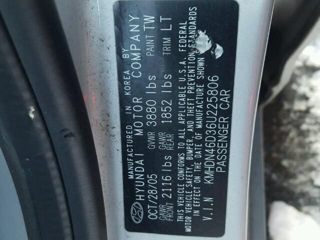 KMHDN46D36U225806 - 2006 HYUNDAI ELANTRA GL SILVER photo 10