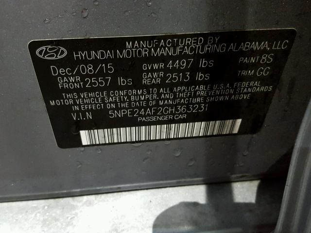 5NPE24AF2GH363231 - 2016 HYUNDAI SONATA SE SILVER photo 10