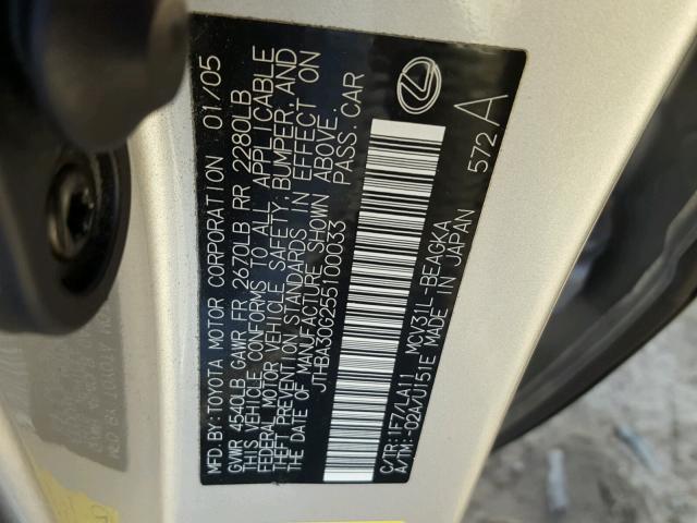 JTHBA30G255100033 - 2005 LEXUS ES 330 SILVER photo 10