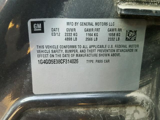 1G4GD5E38CF314026 - 2012 BUICK LACROSSE P GRAY photo 10