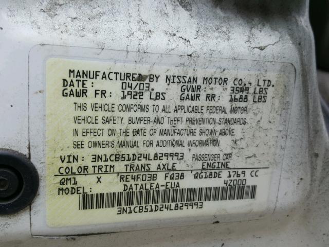 3N1CB51D24L829993 - 2004 NISSAN SENTRA 1.8 WHITE photo 10