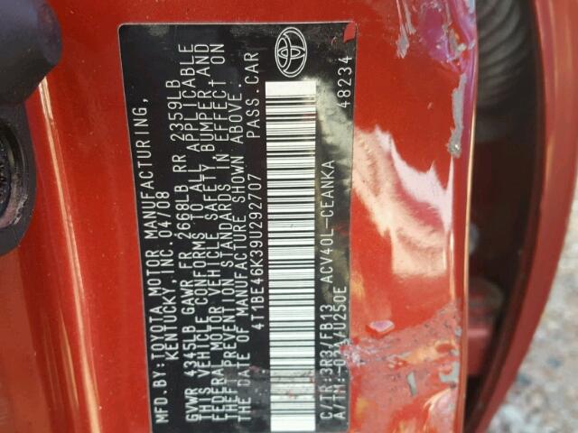 4T1BE46K39U292707 - 2009 TOYOTA CAMRY BASE RED photo 10