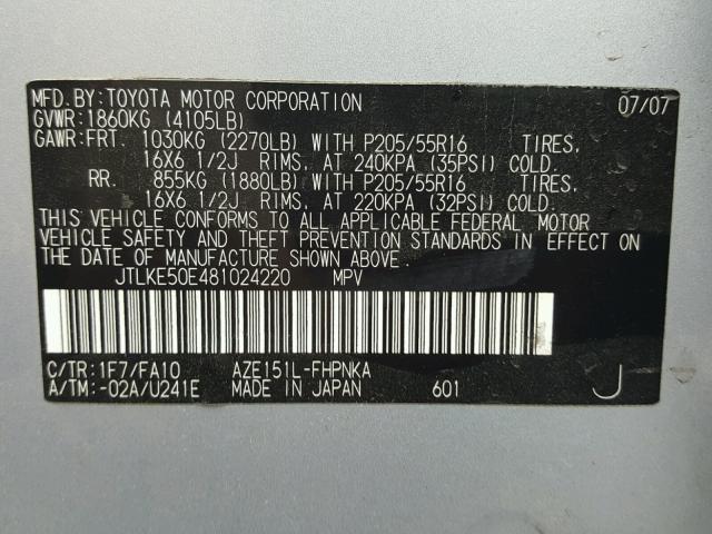 JTLKE50E481024220 - 2008 TOYOTA SCION SILVER photo 10