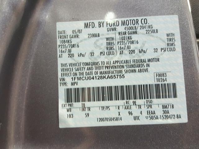 1FMCU04128KA65755 - 2008 FORD ESCAPE LIM SILVER photo 10