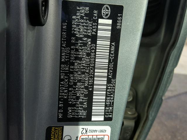 4T1BE32K76U696430 - 2006 TOYOTA CAMRY LE GREEN photo 10