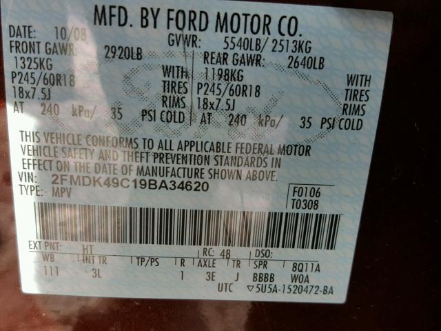 2FMDK49C19BA34620 - 2009 FORD EDGE LIMIT MAROON photo 10