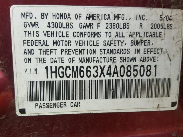 1HGCM663X4A085081 - 2004 HONDA ACCORD LX RED photo 10