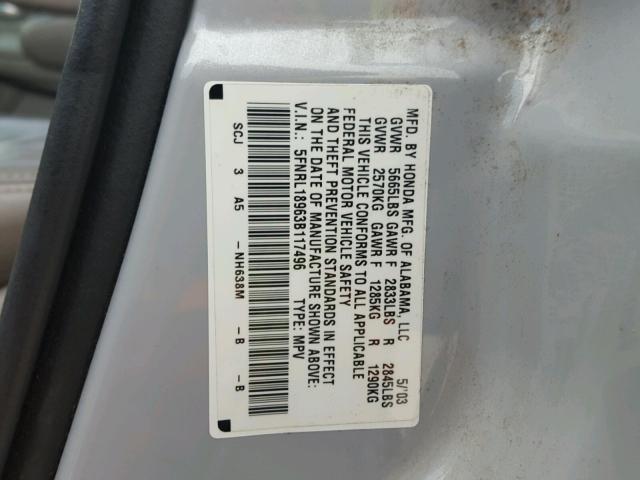 5FNRL18963B117496 - 2003 HONDA ODYSSEY EX SILVER photo 10