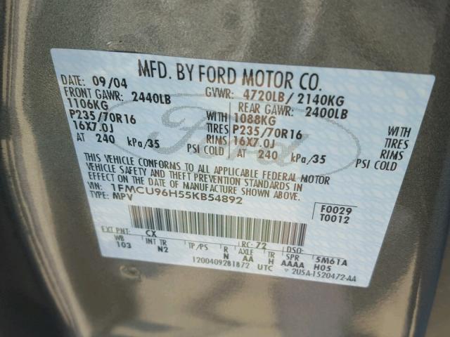 1FMCU96H55KB54892 - 2005 FORD ESCAPE HEV GRAY photo 10