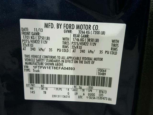 1FTFW1ET8EFA04593 - 2014 FORD F150 SUPER BLUE photo 10