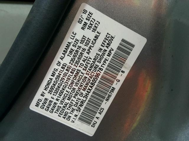 5FNRL3H4XAB059678 - 2010 HONDA ODYSSEY EX SILVER photo 10