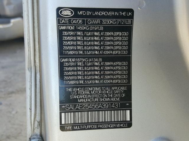 SALAE25456A391431 - 2006 LAND ROVER LR3 SE SILVER photo 10