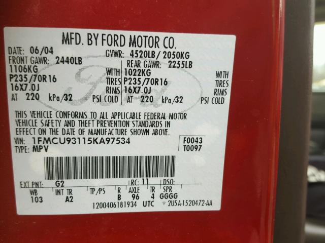 1FMCU93115KA97534 - 2005 FORD ESCAPE XLT RED photo 10