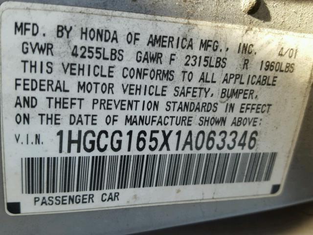 1HGCG165X1A063346 - 2001 HONDA ACCORD EX SILVER photo 10