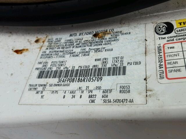 3FAFP08186R105709 - 2006 FORD FUSION SEL WHITE photo 10