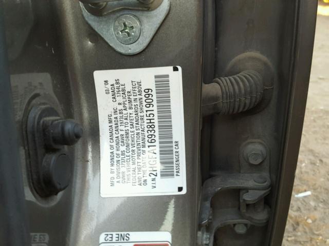 2HGFA16938H519099 - 2008 HONDA CIVIC EXL GRAY photo 10