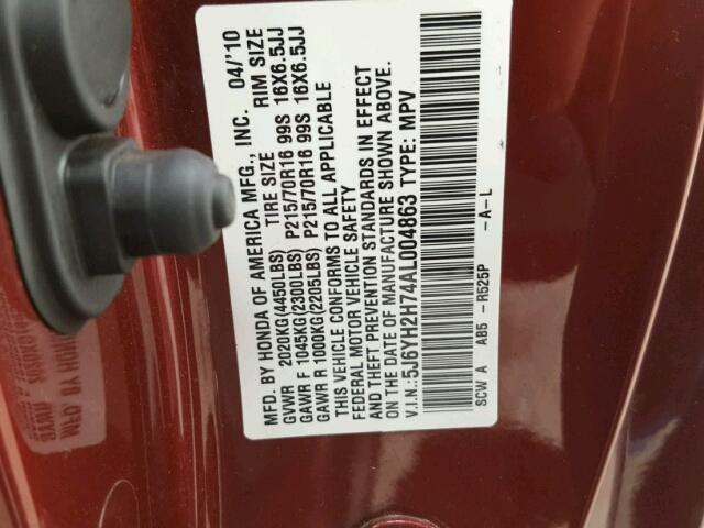 5J6YH2H74AL004863 - 2010 HONDA ELEMENT EX RED photo 10