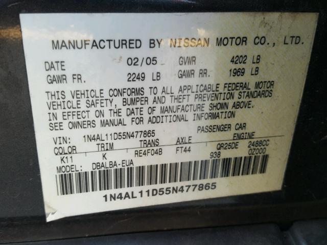 1N4AL11D55N477865 - 2005 NISSAN ALTIMA S GRAY photo 10