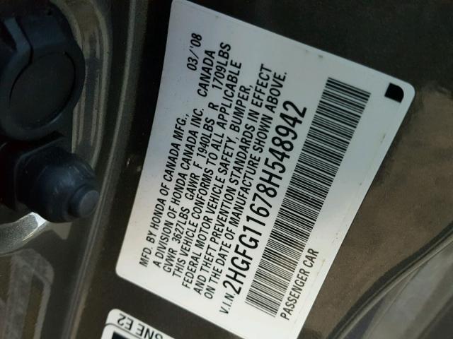 2HGFG11678H548942 - 2008 HONDA CIVIC LX GRAY photo 10