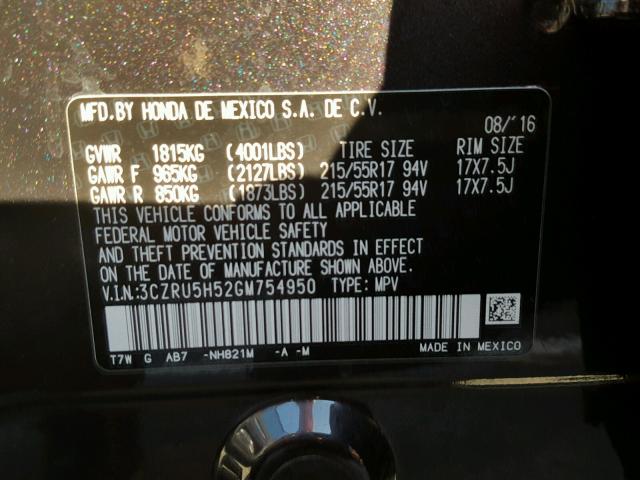 3CZRU5H52GM754950 - 2016 HONDA HR-V EX CHARCOAL photo 10