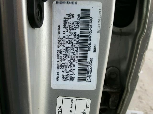 4T1BE32K42U581505 - 2002 TOYOTA CAMRY LE SILVER photo 10