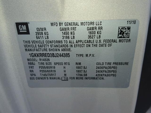 1GKKRRED3BJ244385 - 2011 GMC ACADIA SLT ოქროსფერი ფოტო 10