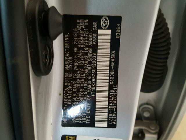 4T1BK36B76U129038 - 2006 TOYOTA AVALON XL SILVER photo 10