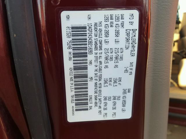 1D4GP24343B210283 - 2003 DODGE GRAND CARA MAROON photo 10