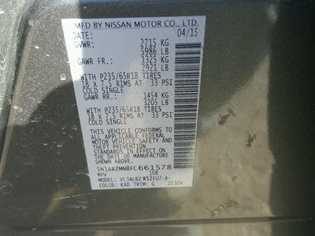 5N1AR2MN8FC661578 - 2015 NISSAN PATHFINDER CHARCOAL photo 10