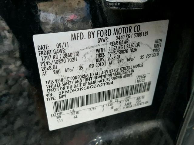 2FMDK3KC5CBA21994 - 2012 FORD EDGE LIMIT BLACK photo 10