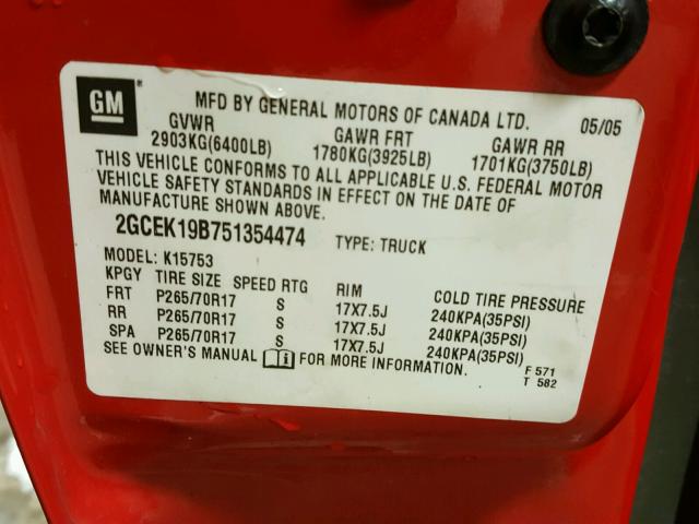 2GCEK19B751354474 - 2005 CHEVROLET SILVERADO RED photo 10