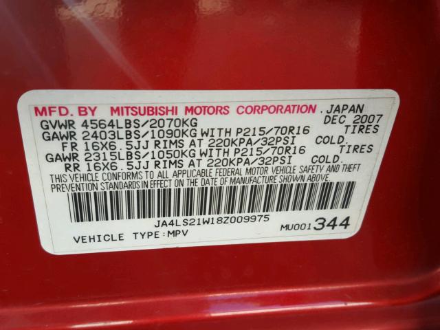 JA4LS21W18Z009975 - 2008 MITSUBISHI OUTLANDER RED photo 10