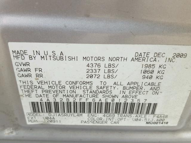 4A32B2FF6AE012357 - 2010 MITSUBISHI GALANT FE SILVER photo 10