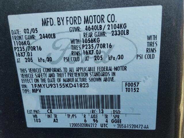 1FMYU93155KD41823 - 2005 FORD ESCAPE XLT GRAY photo 10