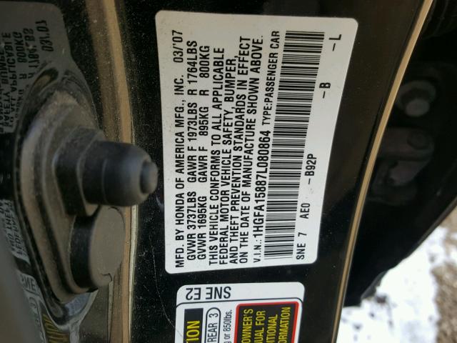 1HGFA15887L080864 - 2007 HONDA CIVIC EX BLACK photo 10