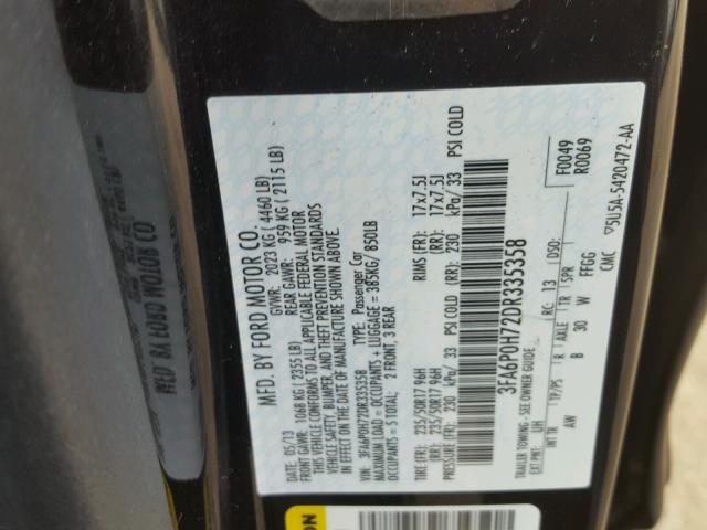 3FA6P0H72DR335358 - 2013 FORD FUSION SE BLACK photo 10